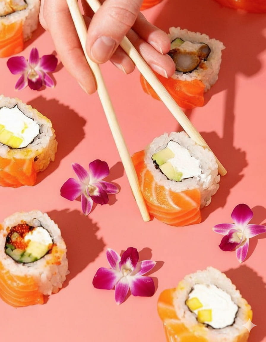 sushi and orchids on a background being grabbed by chop stick